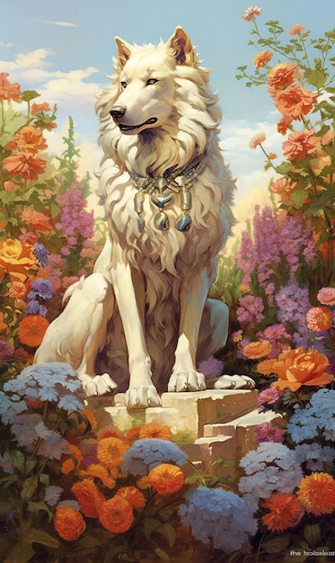 Dog setting in flowers generative ai