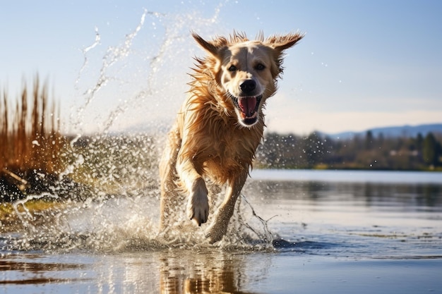 晴れた日に湖の横で水を振り払う犬