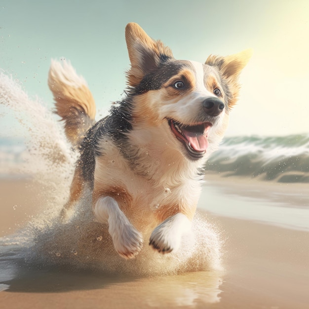 Dog shepherd summer beach activities Australian shepherd dog in fun summer Generative AI