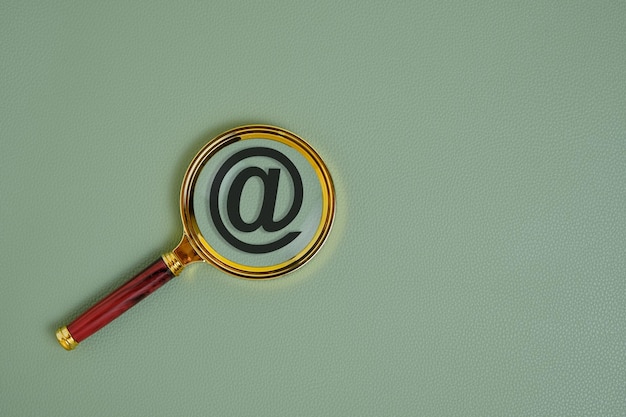 Dog sign is an email symbol under magnifying glass on green background