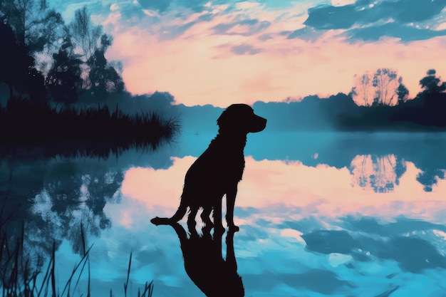 湖の夕暮れを背景に犬のシルエットが描かれています