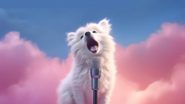 A dog singing into a microphone with a pink sky behind it