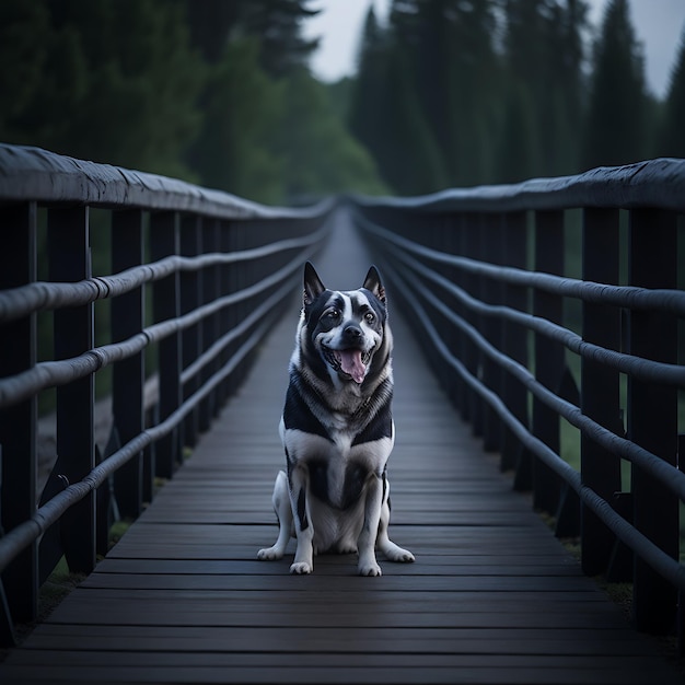 Dog sit down on a bridge pet photograph friendship pet animals ai generated