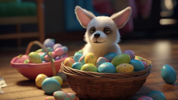 A dog sits in a basket of easter eggs.