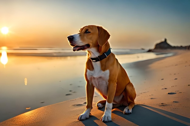 犬がビーチに座って海を眺めています