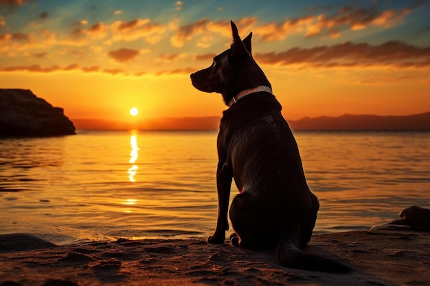 Собака сидит на берегу и смотрит на закат.
