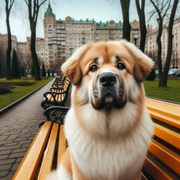 Photo a dog sits on a bench in a park