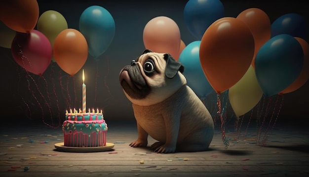 A dog sits next to a birthday cake with a candle on it.