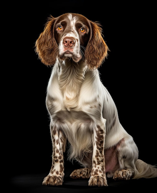 A dog sits on a black background