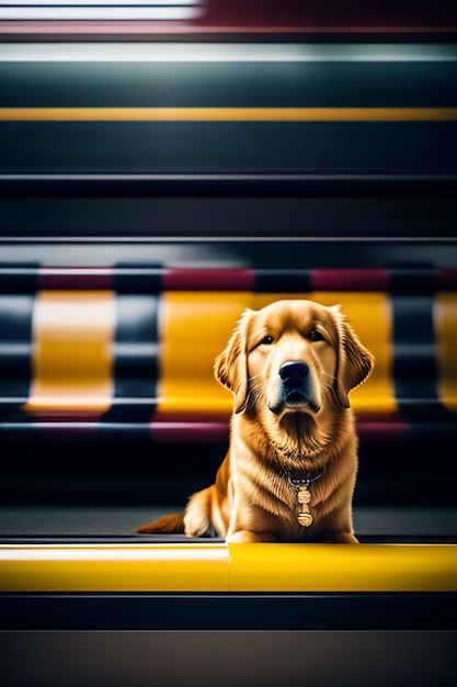 A dog sits in a booth with a yellow and black collar.