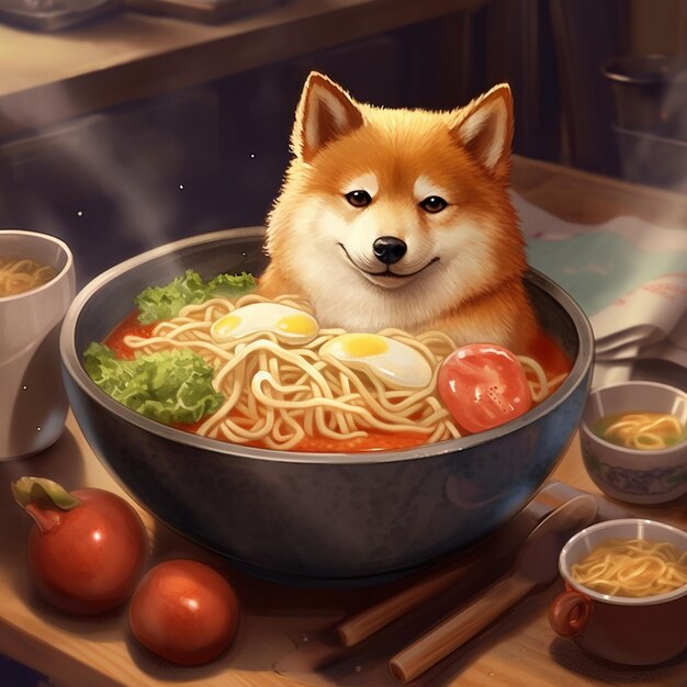 개는 국수 한 그릇과 야채를 담은 국수 그릇에 앉아 있습니다.