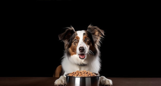 A dog sits next to a bowl of peanuts