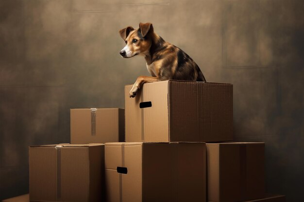 Собака сидит на коробках и переезжает в новый дом Генеративный ИИ