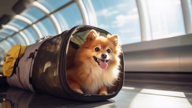 개 는 공항 에서 운반 가방 에 앉아 있다