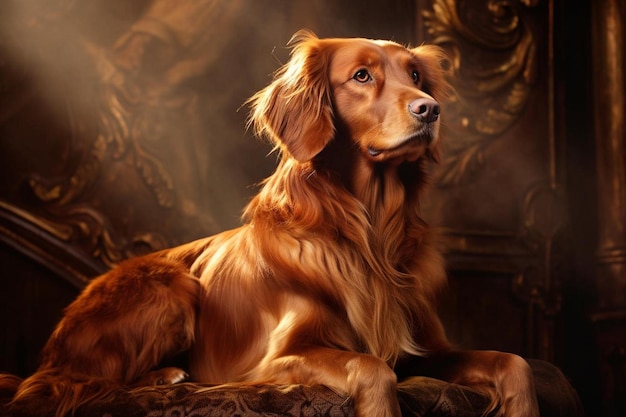 A dog sits on a chair in a dark room.