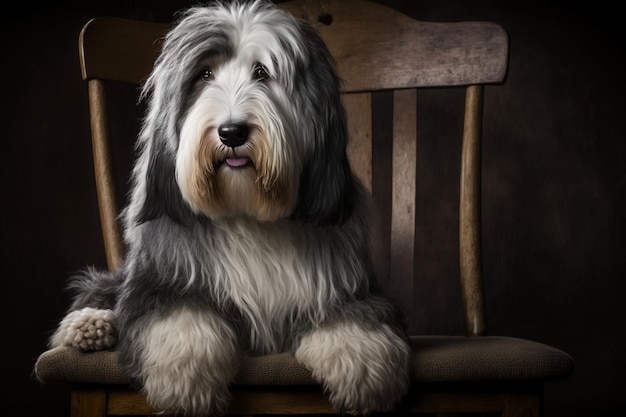 A dog sits on a chair in a dark room.