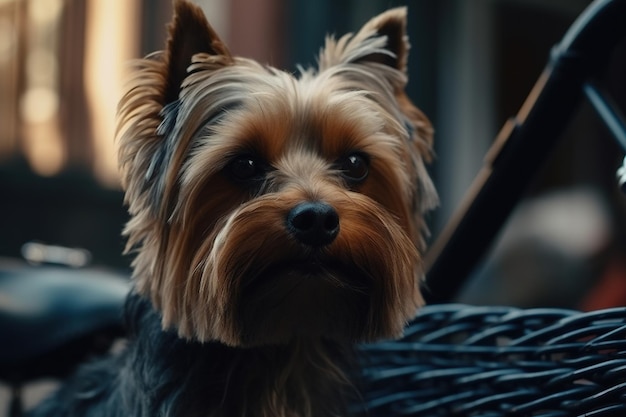 A dog sits in a chair in a dark room.