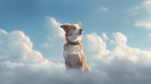 A dog sits in the clouds in the sky