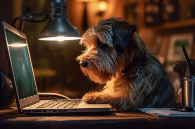 A dog sits at a desk with a laptop on it.