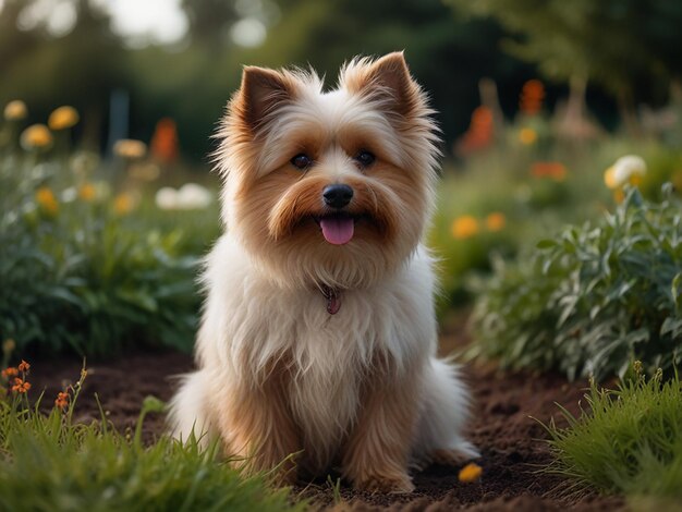 собака сидит в грязи перед цветами