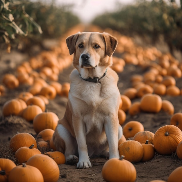 A dog sits in a field of pumpkins with the word pumpkin on it.