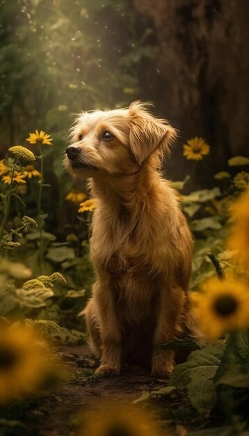 ひまわり畑に犬が座っている