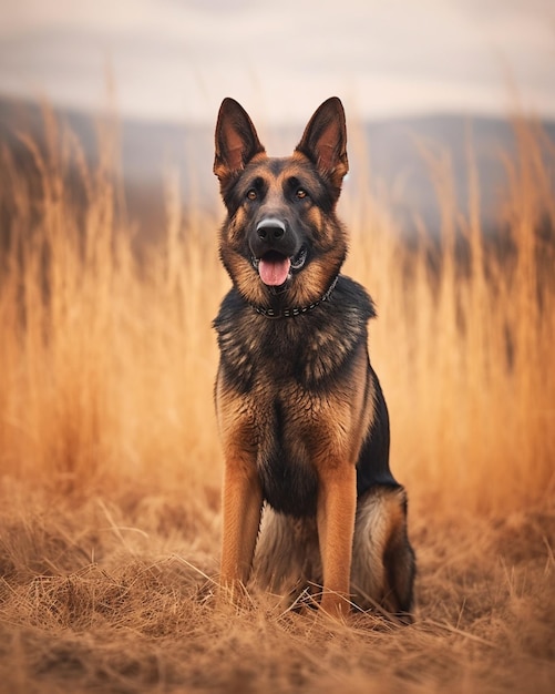 背の高い草の野原に犬が座っています。