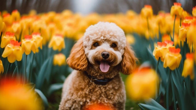 A dog sits in a field of tulips