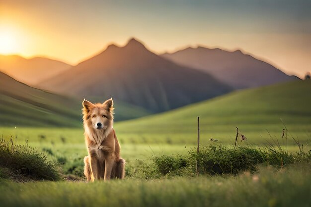 a dog sits in a field with mountains in the background