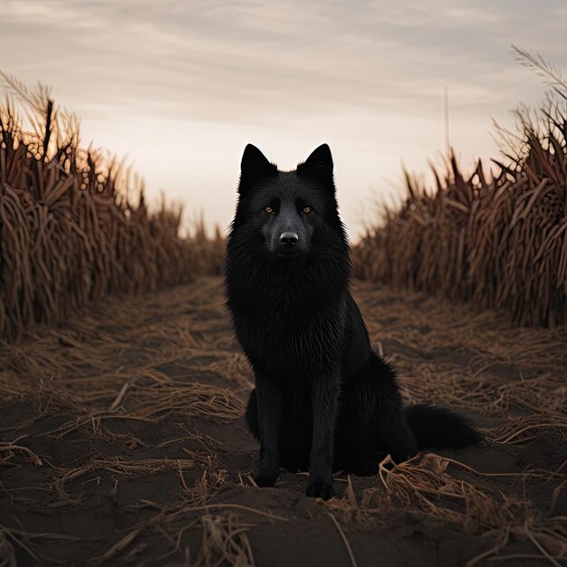 Photo a dog sits in a field with the sun behind it