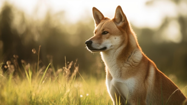 Photo a dog sits in a field with the sun shining on its face.