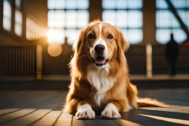 A dog sits on the floor in front of a window.