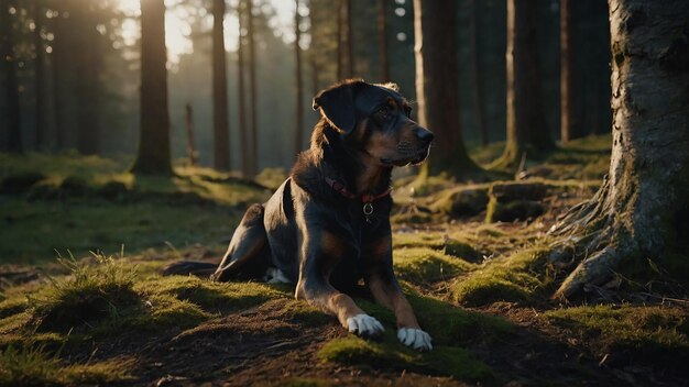 a dog sits in a forest with the sun shining through the trees