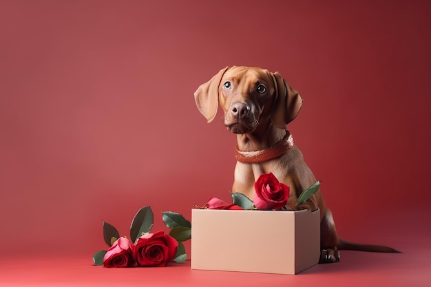 A dog sits in front of a box with red roses on it