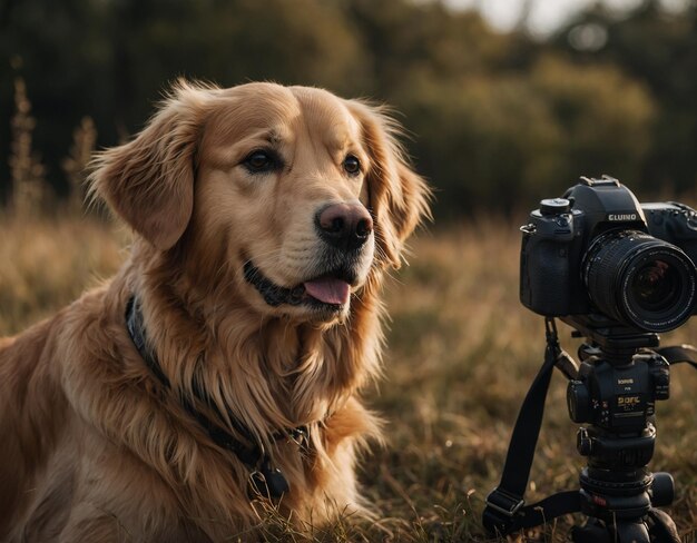 a dog sits in front of a camera with a camera in front of it