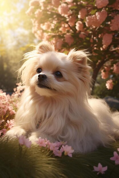 Photo a dog sits in front of a flowering tree