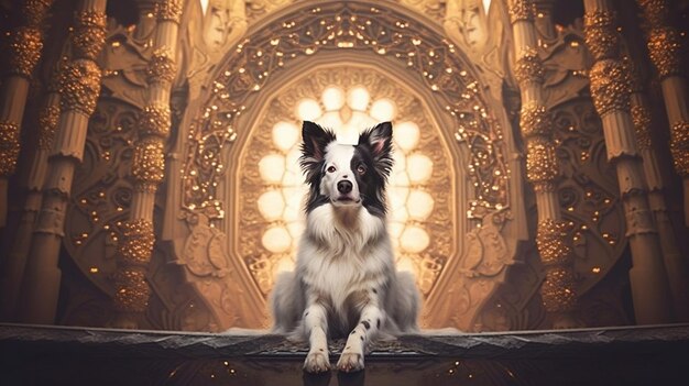 A dog sits in front of a gold wall with a gold background.