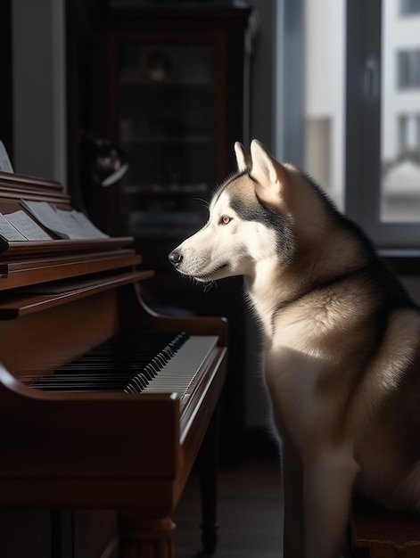 AIが生成したピアノの前に座る犬