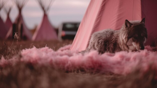 ピンクのティピー テントの前に犬が座っています。