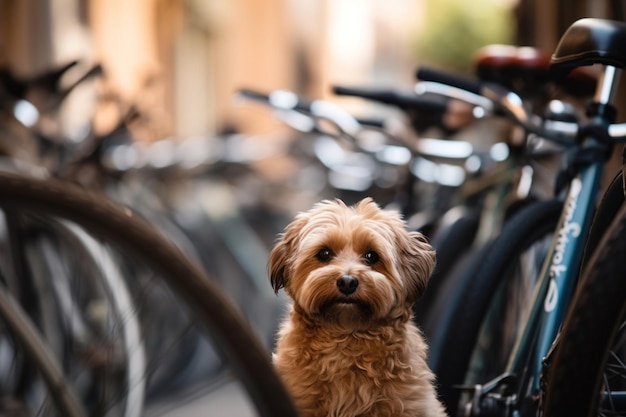Собака сидит перед рядом велосипедов.