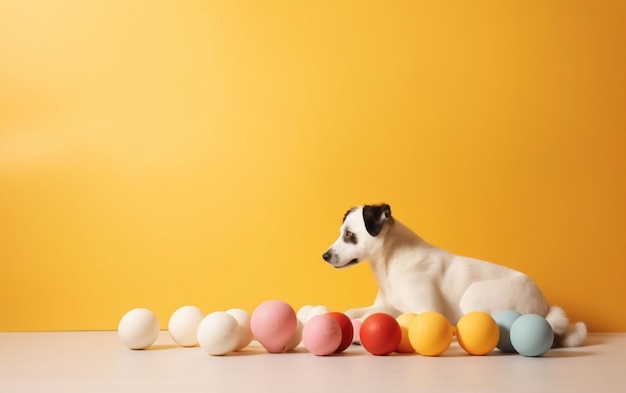 A dog sits in front of a row of colorful eggs.