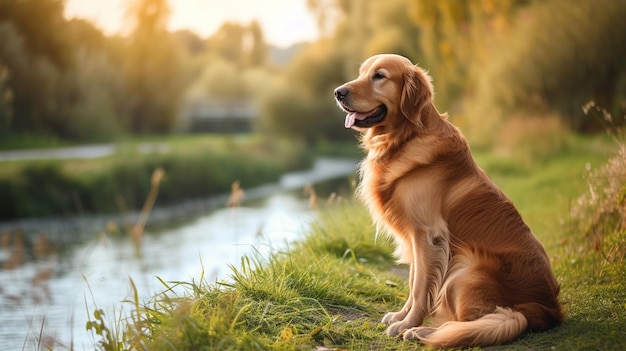 犬が草の上に座り太陽が彼の後ろにあります