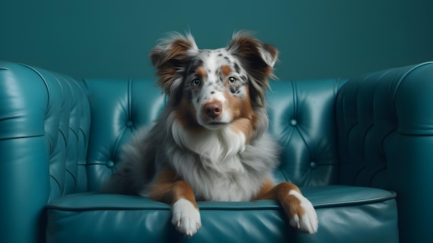 犬が緑のソファに座る