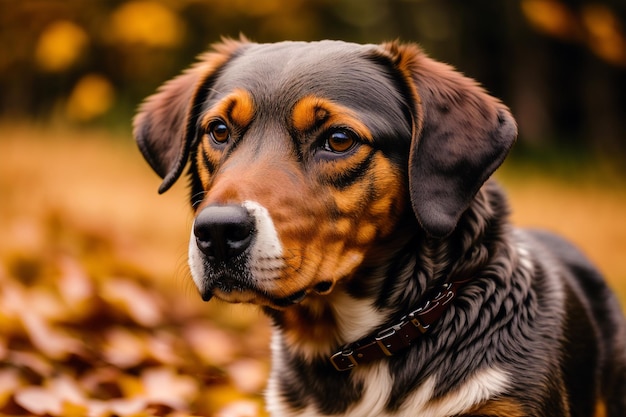 Собака сидит на земле среди осенних листьев.