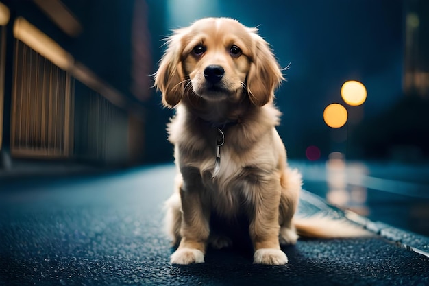 a dog sits on the ground in the dark.