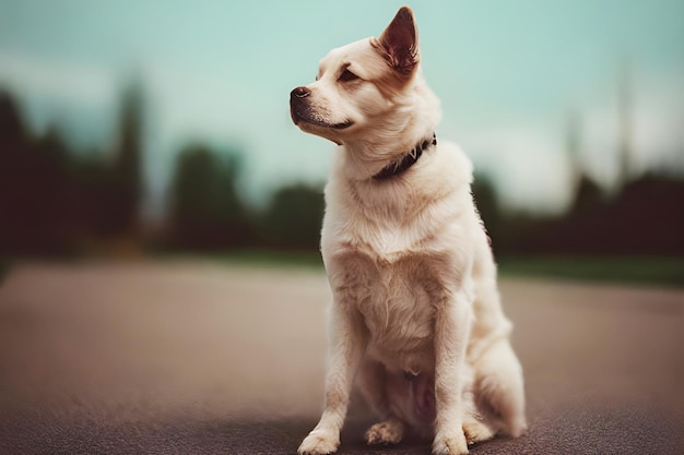 A dog sits on the ground in front of a cityscape.