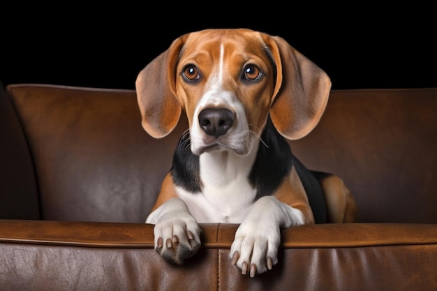 A dog sits on a leather couch with its paws on the edge.