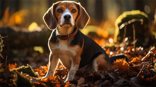 A dog sits in the leaves of autumn.