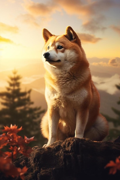 a dog sits on a log in front of a sunset background.