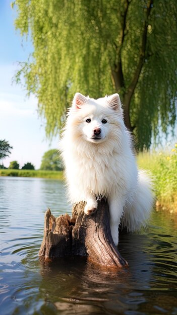 Photo a dog sits on a log in the water with a tree branch in the background